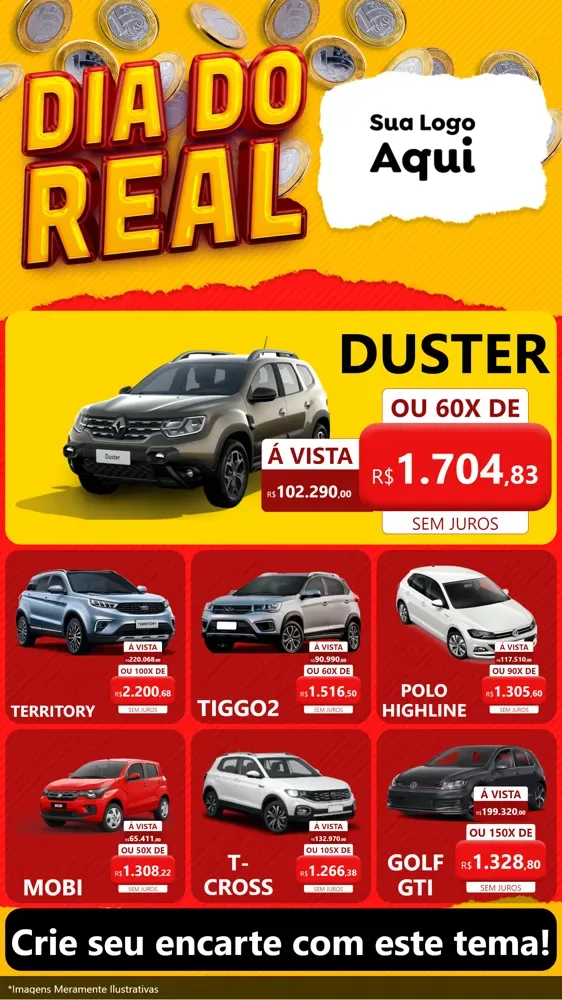 Modelo de Rede Social para Stories com o tema Dia Do Real para Concessionaria de Carros