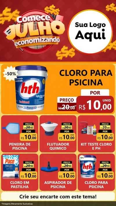 Modelo de Rede Social para Stories com o tema Comece Julho Economizando para Produtos para Piscina