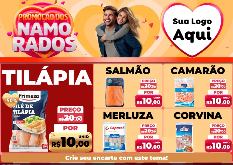 Modelo de Encarte para Encarte A4 Horizontal com o tema Promoção dos Namorados para Peixaria