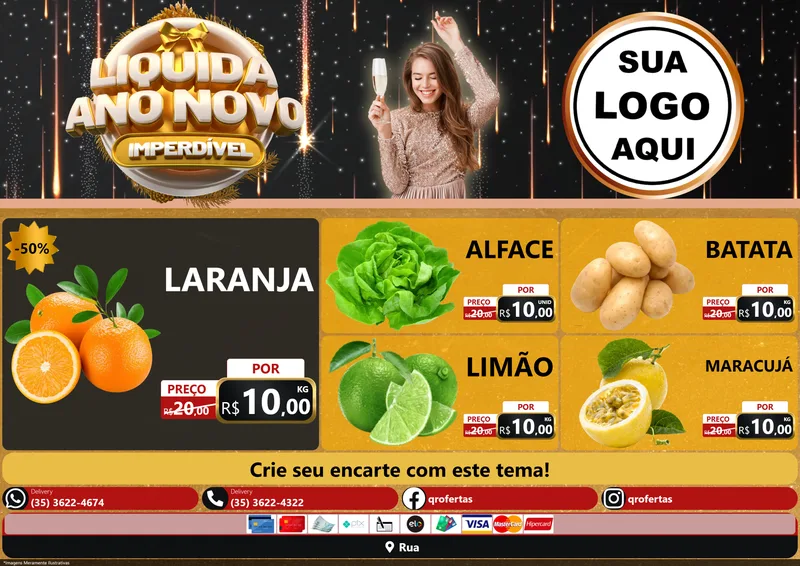 Modelo de Encarte para Encarte A4 Horizontal com o tema Liquida Ano Novo Imperdível para Hortifrúti