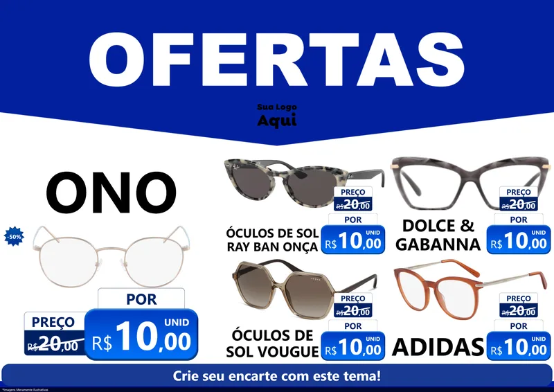 Modelo de Encarte para Encarte A4 Horizontal com o tema Ofertas Azul Cartaz para Óticas