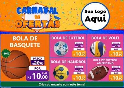Modelo de Encarte para Encarte A4 Horizontal com o tema Carnaval de Ofertas para Artigos Esportivos