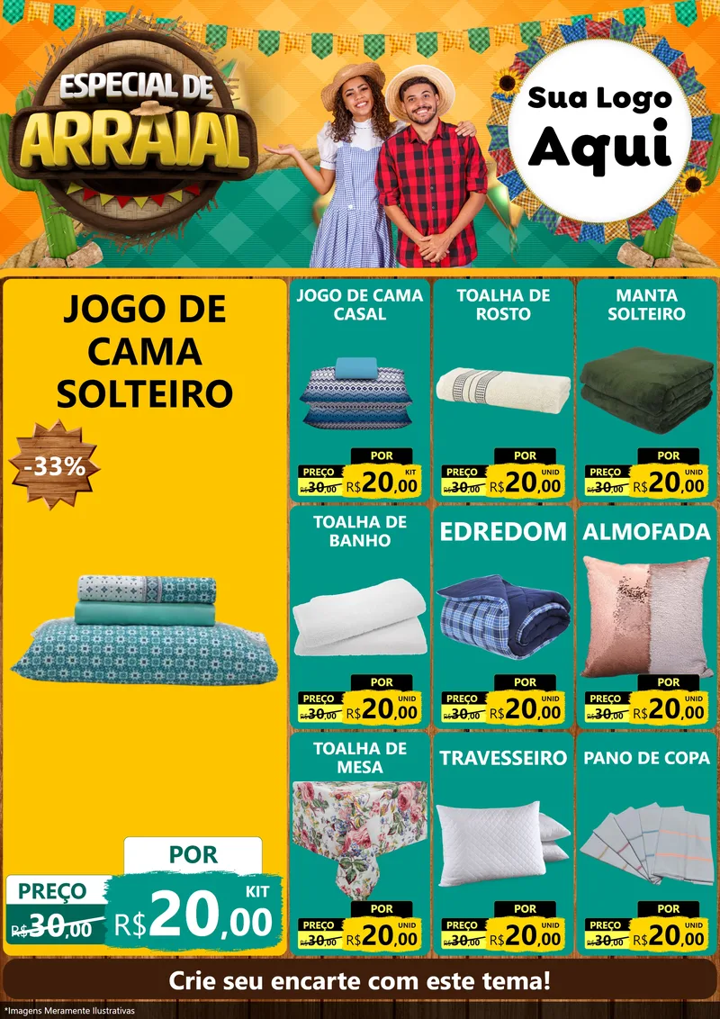 Modelo de Encarte para Encarte A4 Vertical com o tema Especial De Arraial para Cama, Mesa e Banho