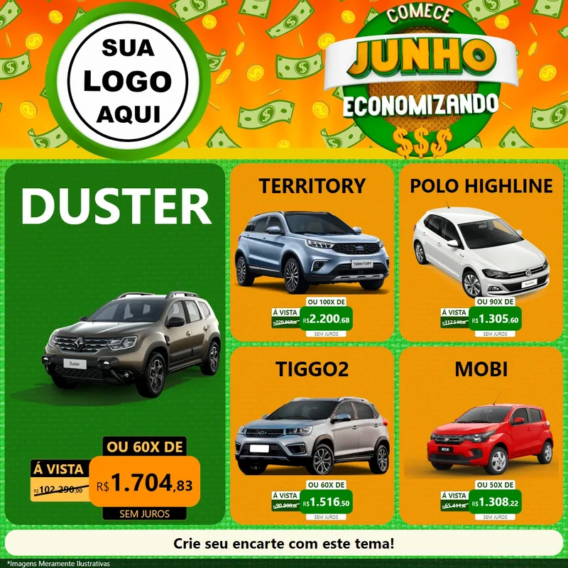 Modelo de Rede Social para Feed Facebook com o tema Comece Junho Economizando para Concessionaria de Carros