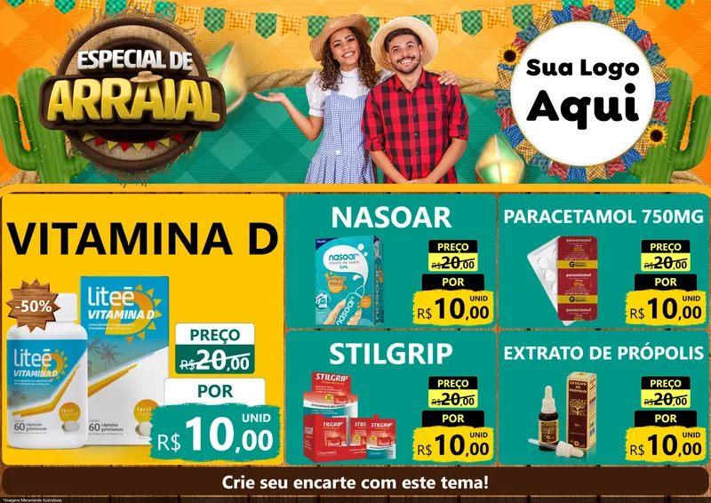 Modelo de Encarte para Encarte A4 Horizontal com o tema Especial De Arraial para Farmácia