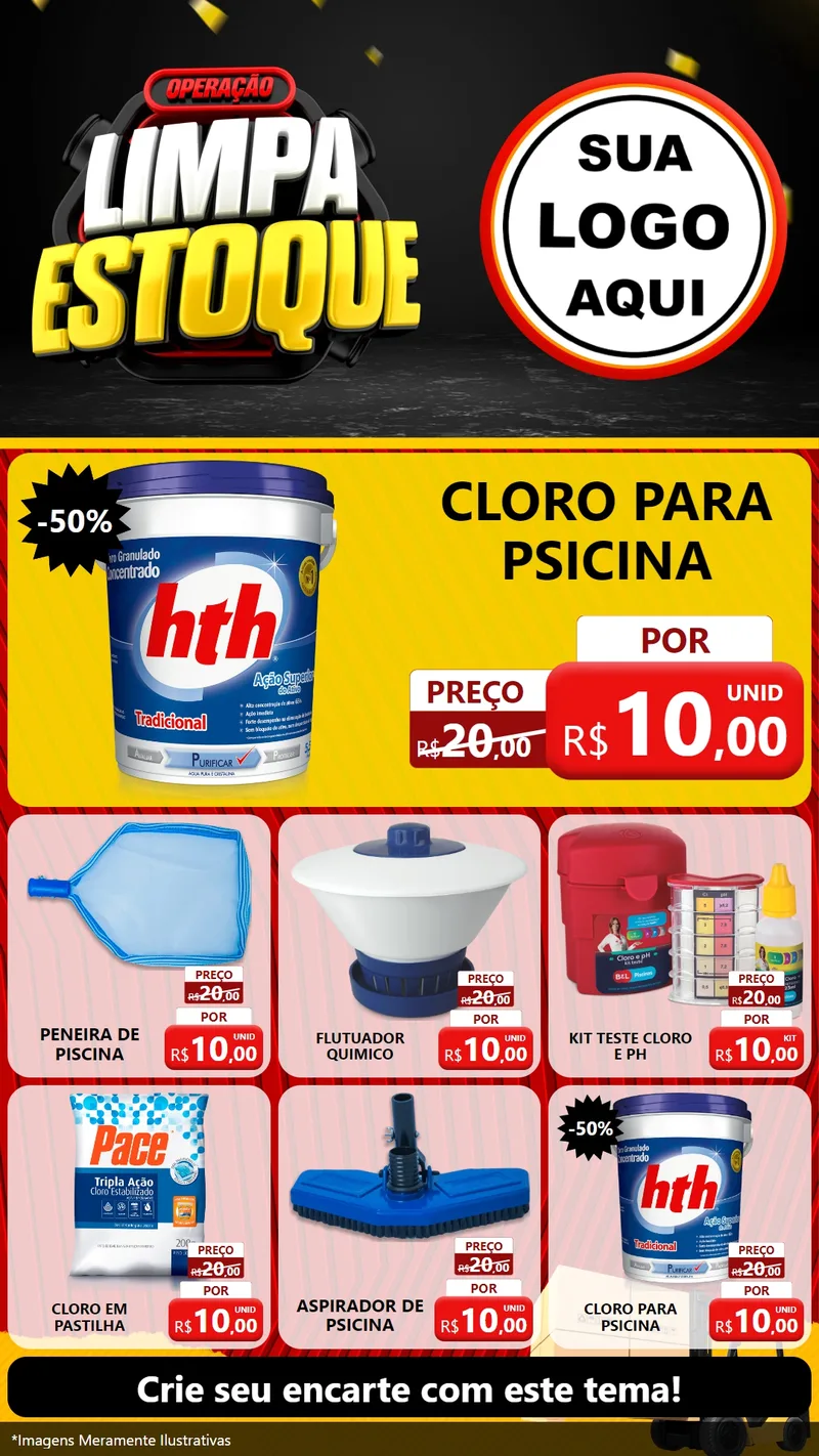 Modelo de Rede Social para Stories com o tema Operação Limpa Estoque para Produtos para Piscina