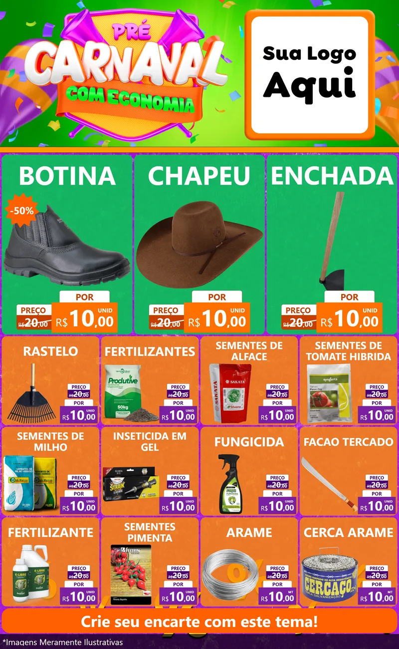 Modelo de Encarte para Encarte Grande com o tema Pré-Carnaval Com Economia para Agropecuária