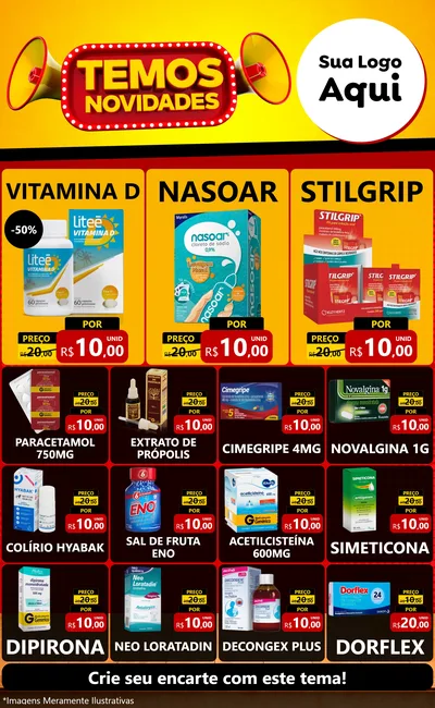 Modelo de Encarte para Encarte Grande com o tema Temos Novidades para Farmácia