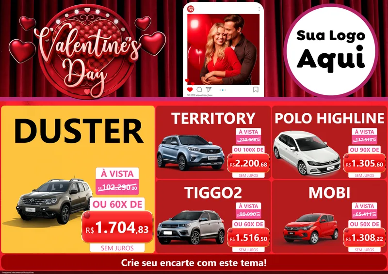Modelo de Encarte para Encarte A4 Horizontal com o tema Valentine's Day para Concessionaria de Carros