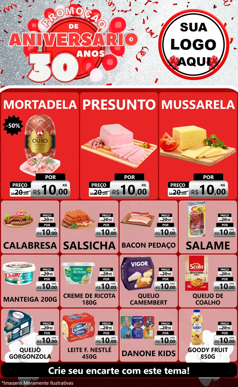 Modelo de Encarte para Encarte Grande com o tema Promoção de Aniversário - 30 Anos para Frios e Laticínios