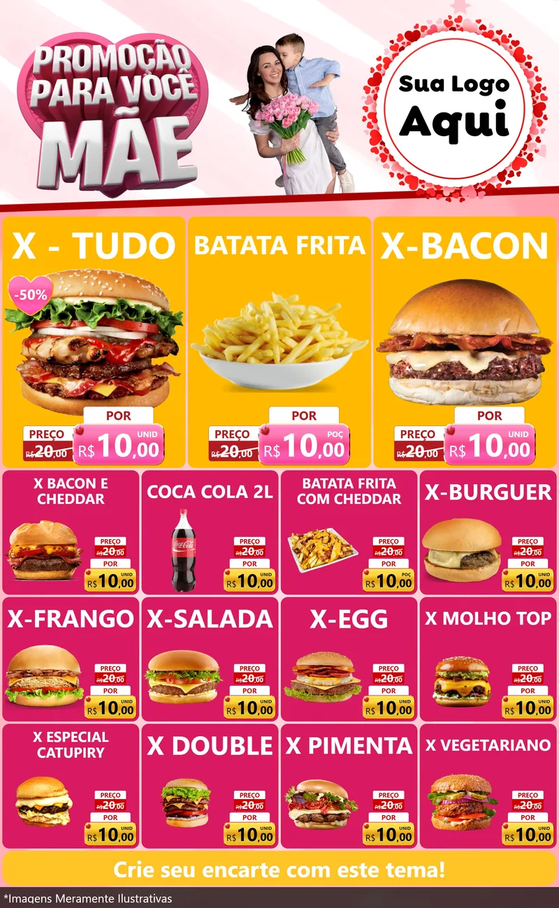 Modelo de Encarte para Encarte Grande com o tema Promoção Para Você Mãe para Hamburgueria