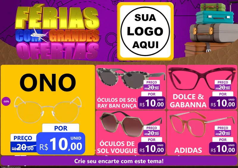 Modelo de Encarte para Encarte A4 Horizontal com o tema Férias com Grandes Ofertas para Óticas