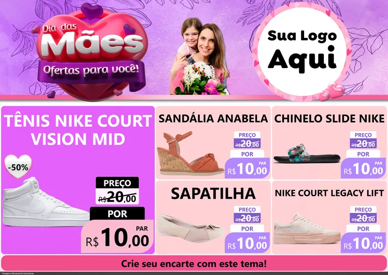 Modelo de Encarte para Encarte A4 Horizontal com o tema Dia das Mães Ofertas para Você! para Calçados