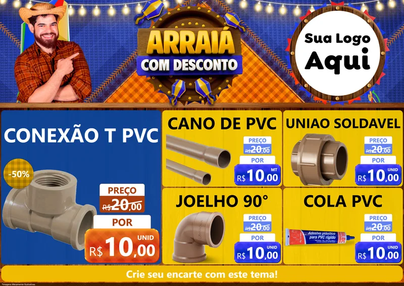 Modelo de Encarte para Encarte A4 Horizontal com o tema Arraiá Com Desconto para Tubos e conexões