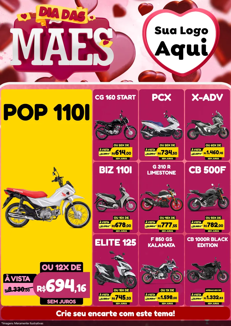 Modelo de Encarte para Encarte A4 Vertical com o tema Dia Das Mães para Concessionaria de Motos