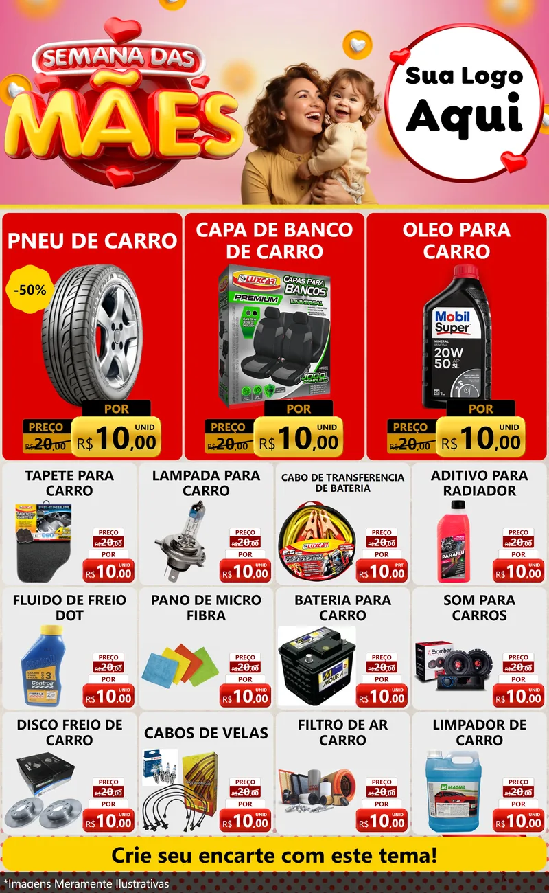 Modelo de Encarte para Encarte Grande com o tema Semana das Mães para Auto peças