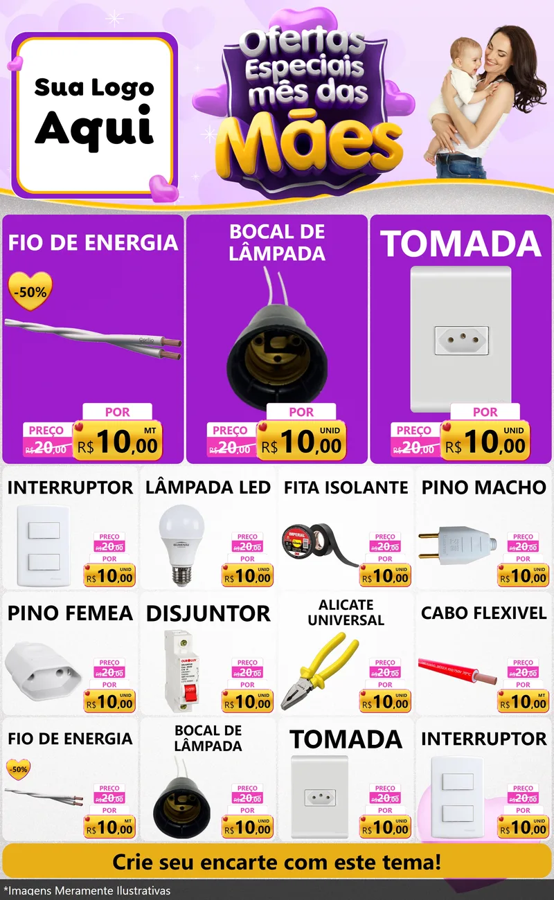 Modelo de Encarte para Encarte Grande com o tema Ofertas Especiais - Mês das Mães para Materiais Elétricos