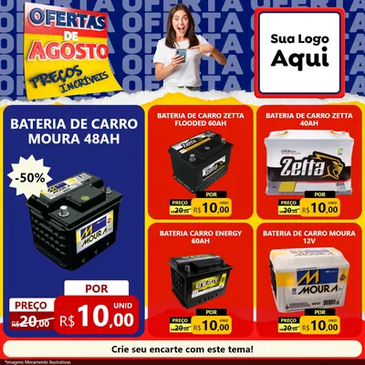 Modelo de Rede Social para Feed Facebook com o tema Ofertas de Agosto - Preços Incríveis para Baterias Elétricas