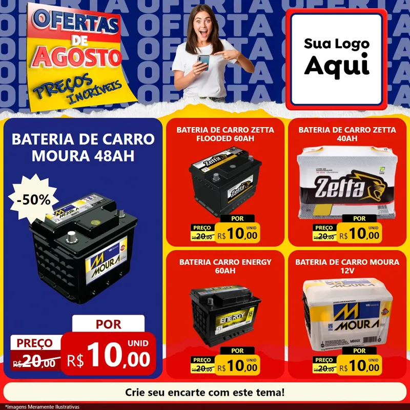 Modelo de Rede Social para Feed Facebook com o tema Ofertas de Agosto - Preços Incríveis para Baterias Elétricas