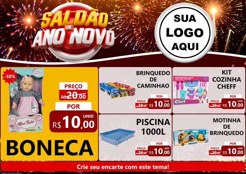 Modelo de Encarte para Encarte A4 Horizontal com o tema Saldão de Ano Novo para Brinquedos