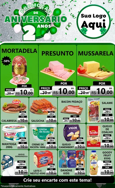 Modelo de Encarte para Encarte Grande com o tema Promoção de Aniversário - 2 Anos para Frios e Laticínios
