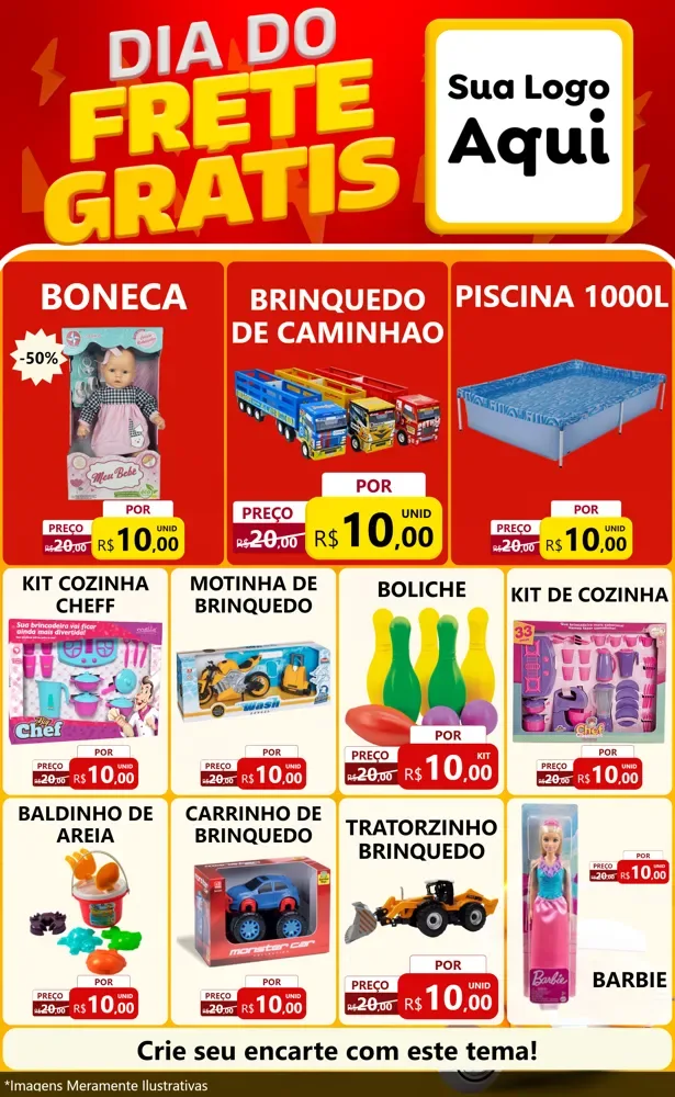 Modelo de Encarte para Encarte Grande com o tema Dia do Frete Grátis para Brinquedos