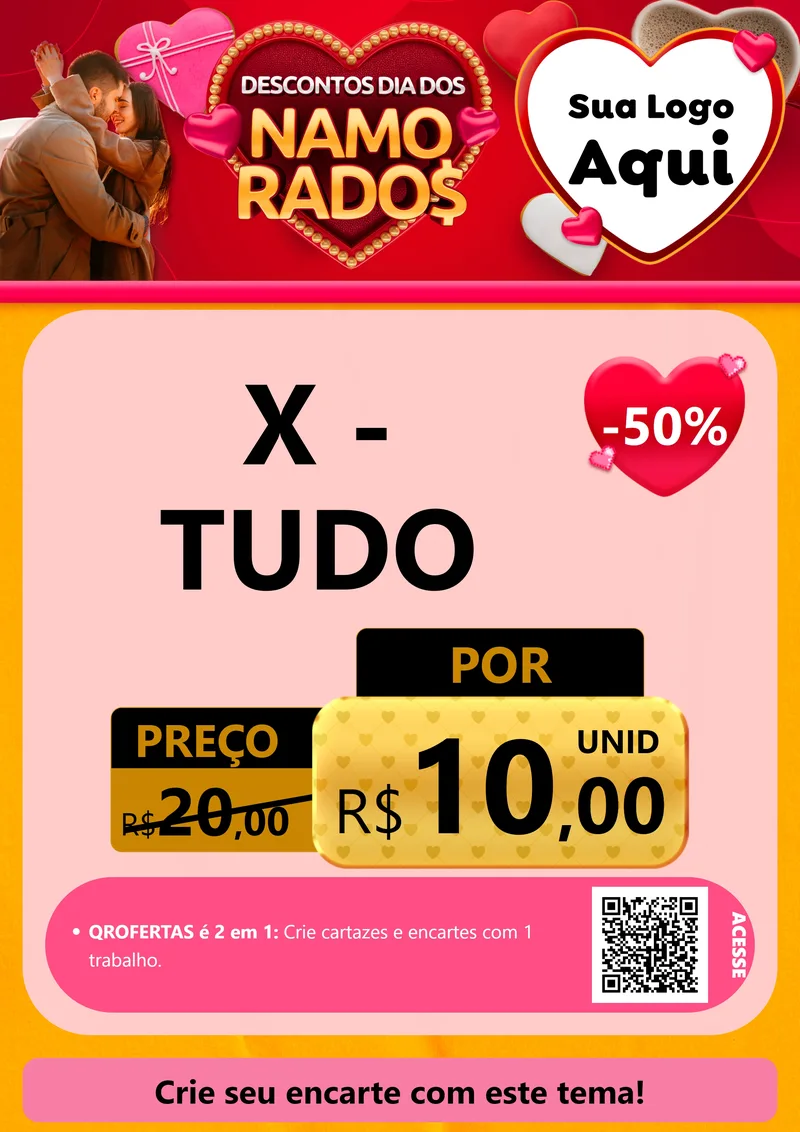 Modelo de Cartaz para Cartaz A4 Vertical com o tema Descontos Dia dos Namorados para Hamburgueria