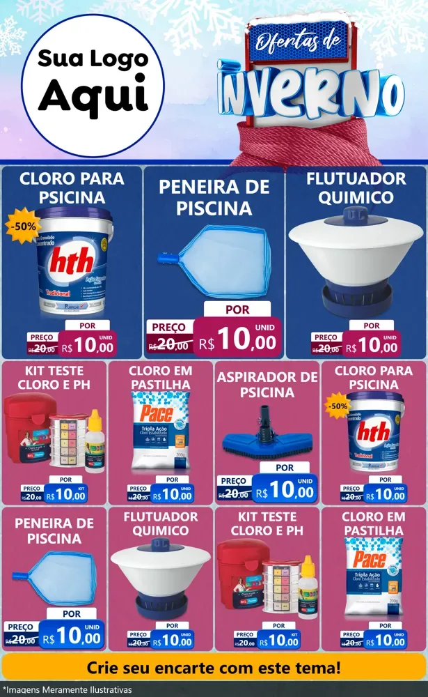 Modelo de Encarte para Encarte Grande com o tema Ofertas de Inverno para Produtos para Piscina