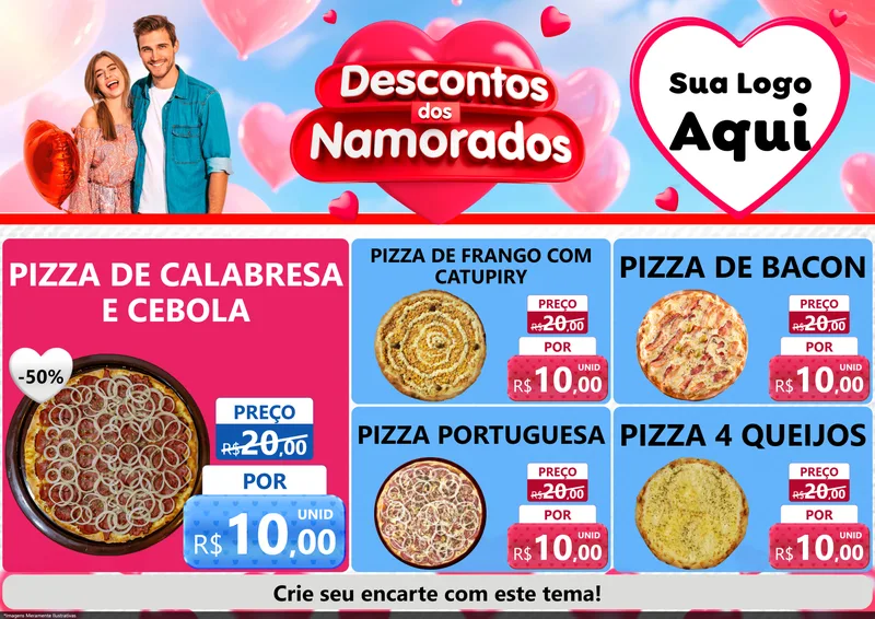 Modelo de Encarte para Encarte A4 Horizontal com o tema Descontos dos Namorados para Pizzaria