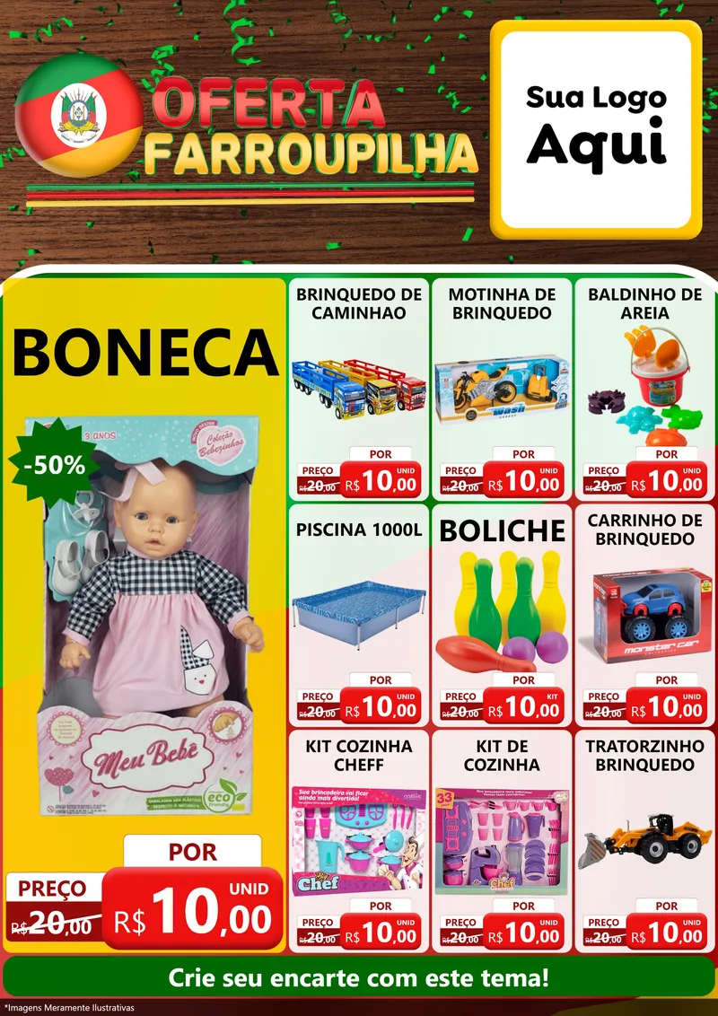 Modelo de Encarte para Encarte A4 Vertical com o tema Oferta Farroupilha para Brinquedos