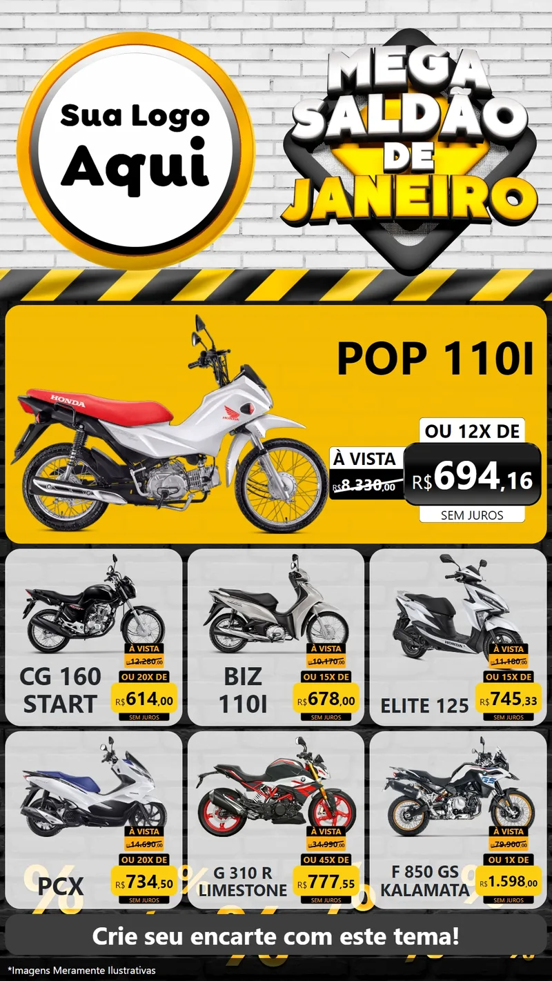 Modelo de Rede Social para Stories com o tema Mega Saldão de Janeiro para Concessionaria de Motos