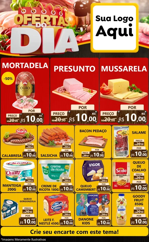 Modelo de Encarte para Encarte Grande com o tema Ofertas do Dia para Frios e Laticínios