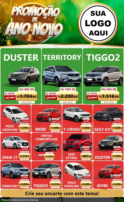Modelo de Encarte para Encarte Grande com o tema Promoção de Ano Novo para Concessionaria de Carros