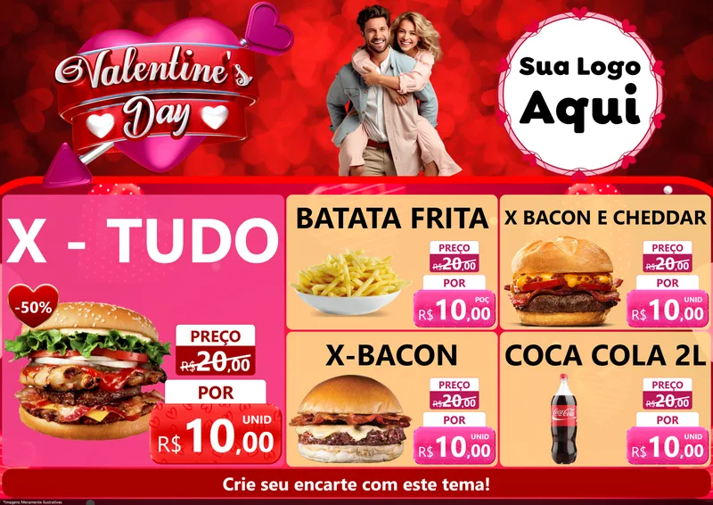 Modelo de Encarte para Encarte A4 Horizontal com o tema Valentine's Day para Hamburgueria