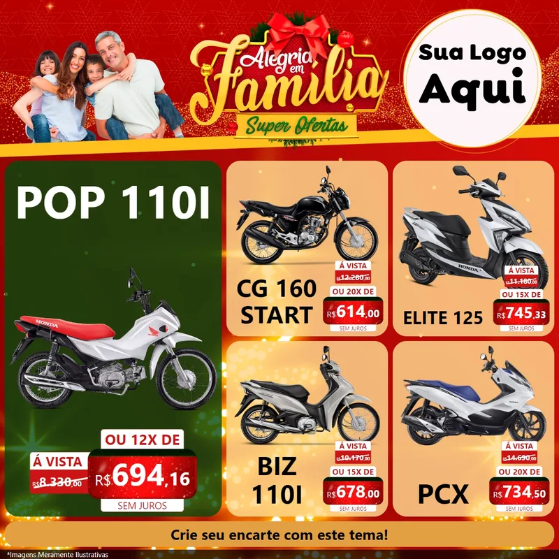 Modelo de Rede Social para Feed Facebook com o tema Alegria em Família Super Ofertas - Natal para Concessionaria de Motos