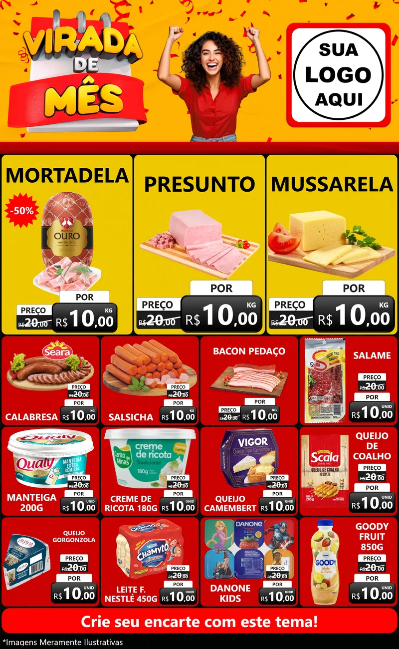 Modelo de Encarte para Encarte Grande com o tema Virada de Mês para Frios e Laticínios