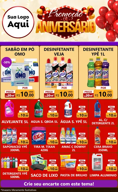 Modelo de Encarte para Encarte Grande com o tema Promoção de Aniversário para Produtos de Limpeza