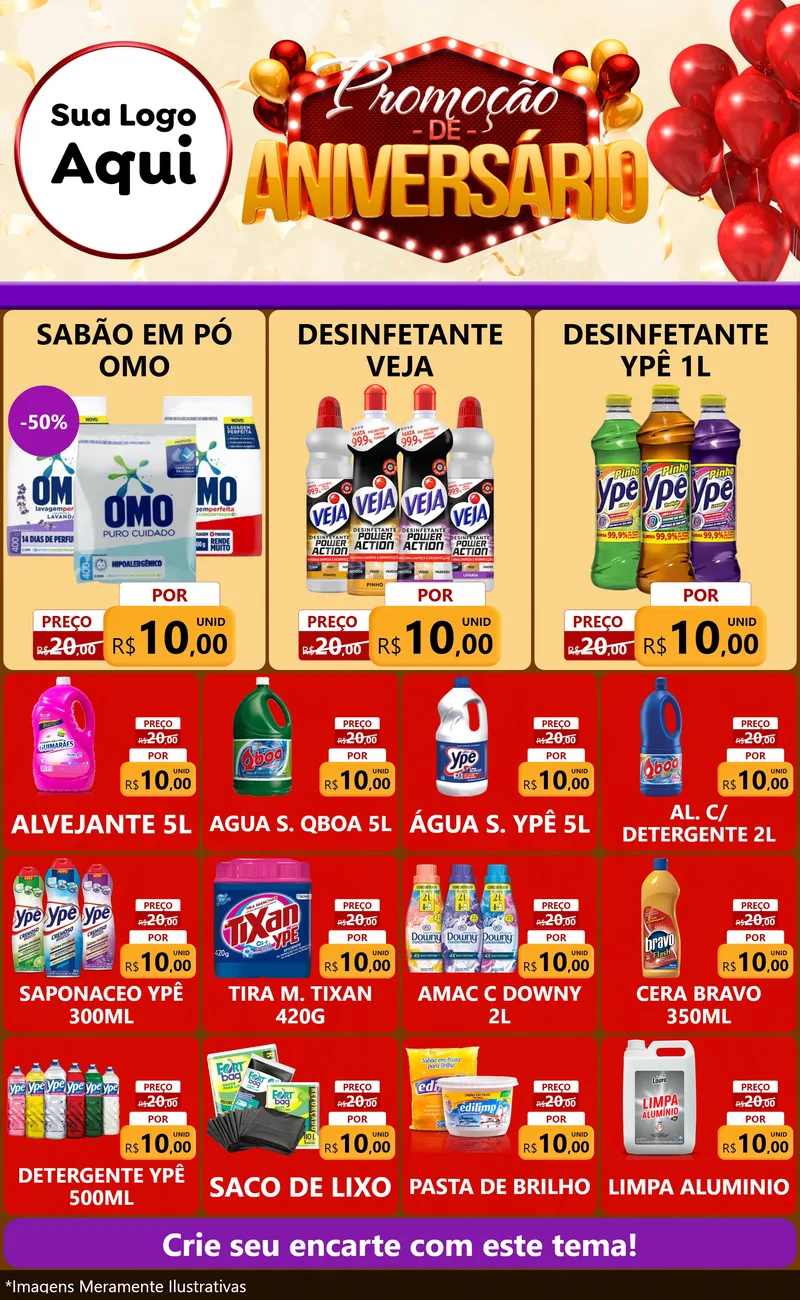Modelo de Encarte para Encarte Grande com o tema Promoção de Aniversário para Produtos de Limpeza