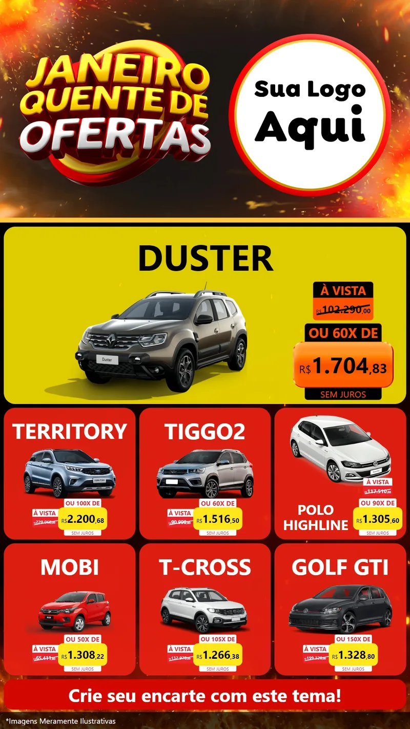 Modelo de Rede Social para Stories com o tema Janeiro Quente de Ofertas para Concessionaria de Carros