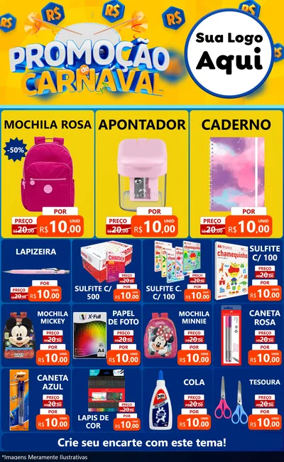 Modelo de Encarte para Encarte Grande com o tema Promoção de Carnaval para Papelaria