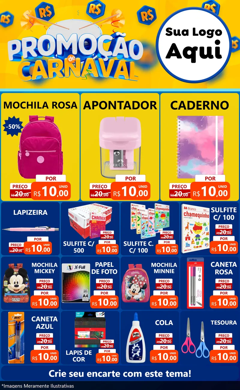 Modelo de Encarte para Encarte Grande com o tema Promoção de Carnaval para Papelaria