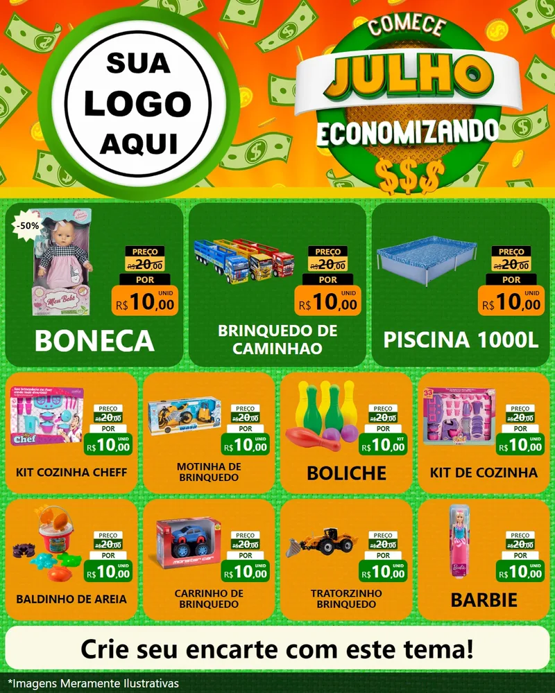 Modelo de Rede Social para Feed Instagram com o tema Comece Julho Economizando para Brinquedos