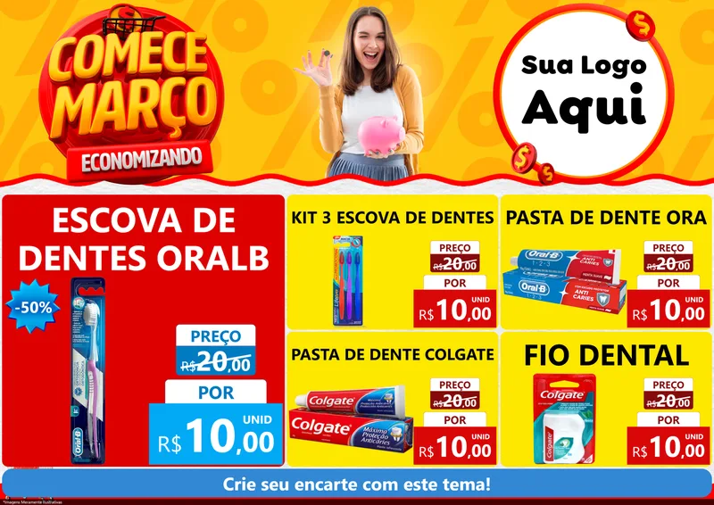 Modelo de Encarte para Encarte A4 Horizontal com o tema Comece Março Economizando para Higiene Pessoal