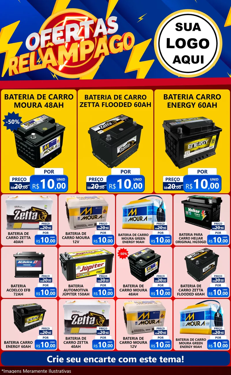 Modelo de Encarte para Encarte Grande com o tema Ofertas Relâmpago para Baterias Elétricas