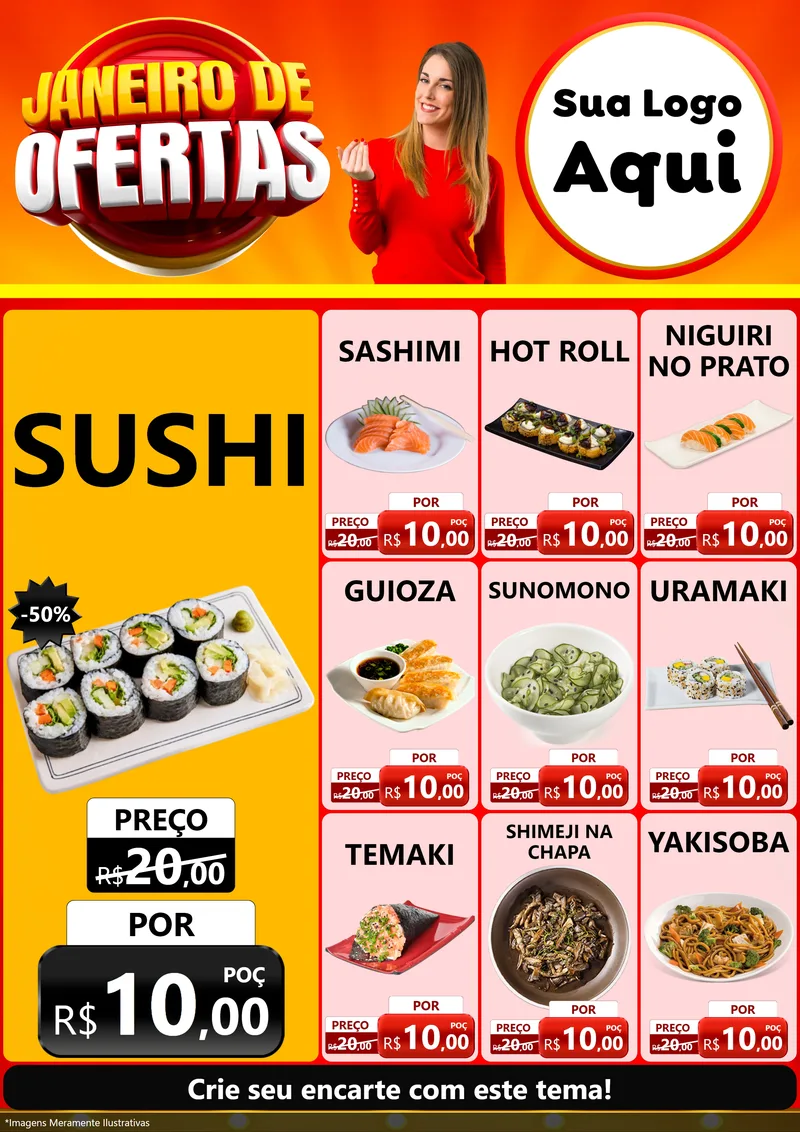 Modelo de Encarte para Encarte A4 Vertical com o tema Janeiro de Ofertas para Comida japonesa