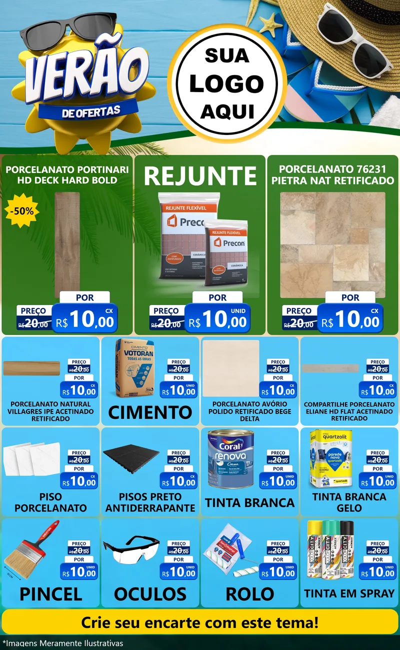 Modelo de Encarte para Encarte Grande com o tema Verão de Ofertas para Pisos e revestimentos