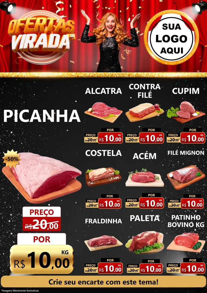 Modelo de Encarte para Encarte A4 Vertical com o tema Ofertas da Virada para Açougue