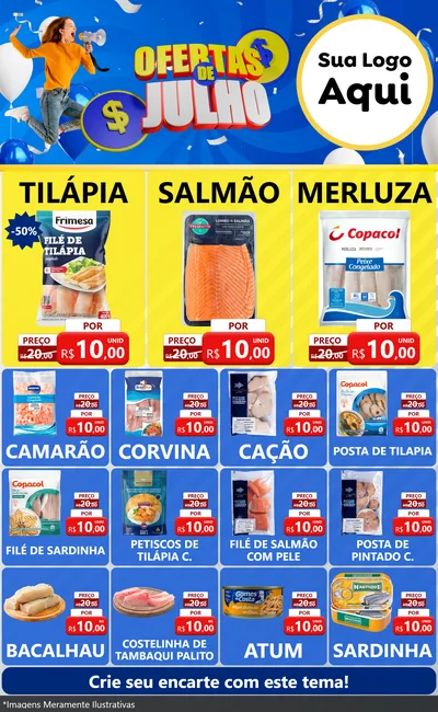 Modelo de Encarte para Encarte Grande com o tema Ofertas de Julho para Peixaria