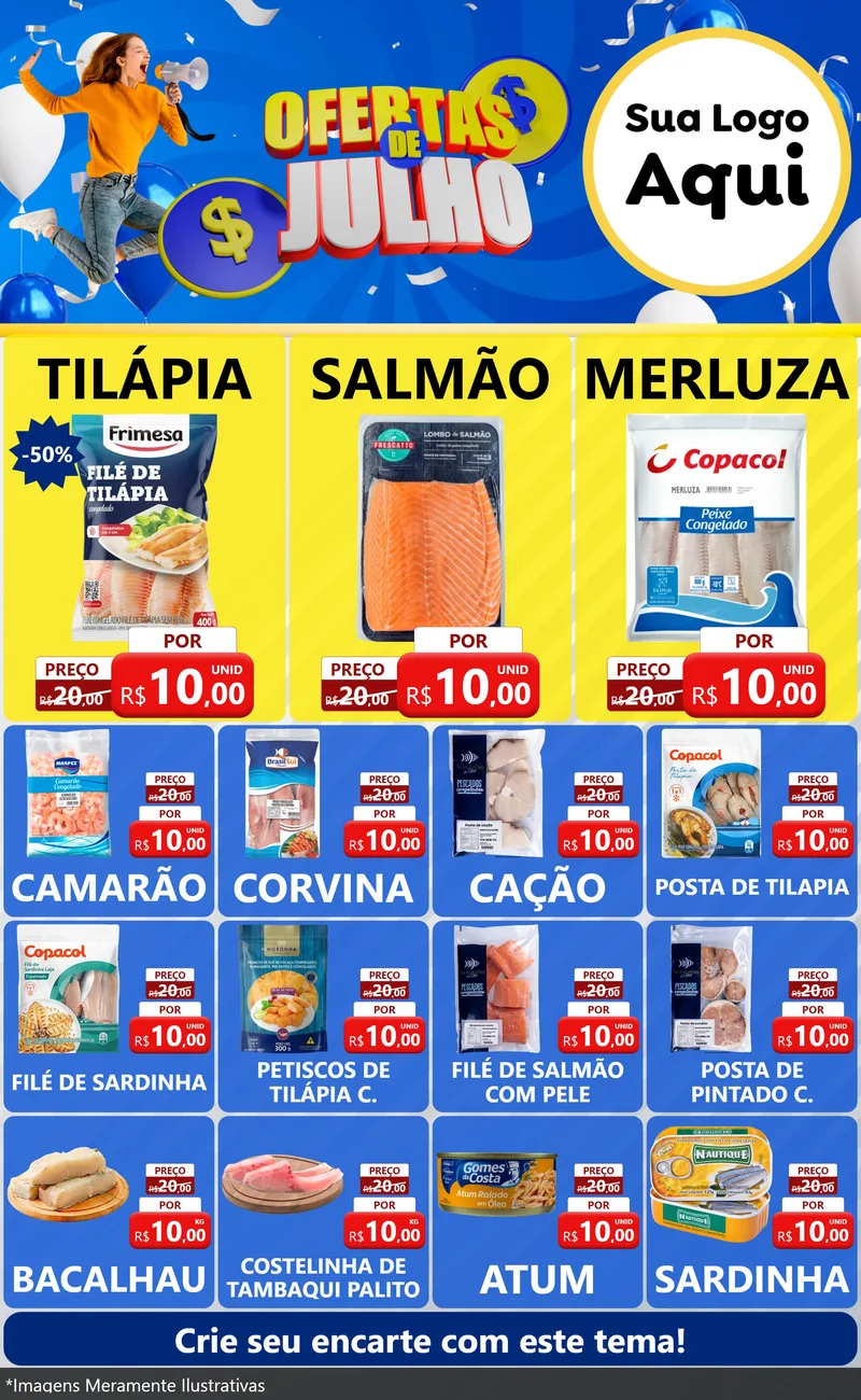 Modelo de Encarte para Encarte Grande com o tema Ofertas de Julho para Peixaria