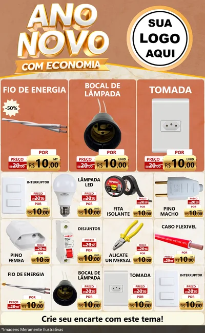 Modelo de Encarte para Encarte Grande com o tema Ano Novo Com Economia para Materiais Elétricos